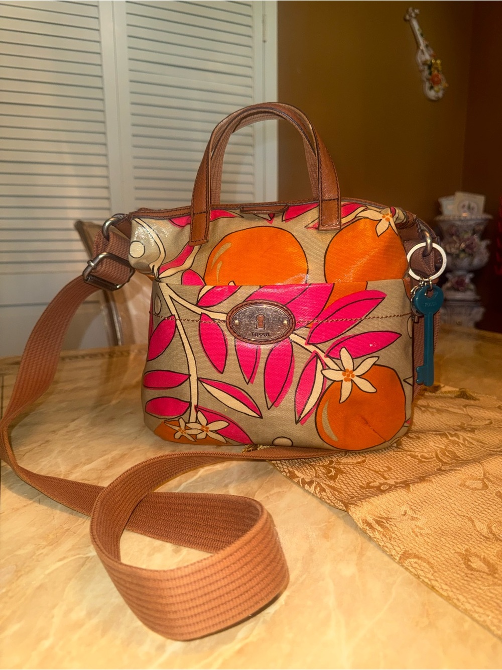 Fossil Orange & Pink Floral Crossbody Bag